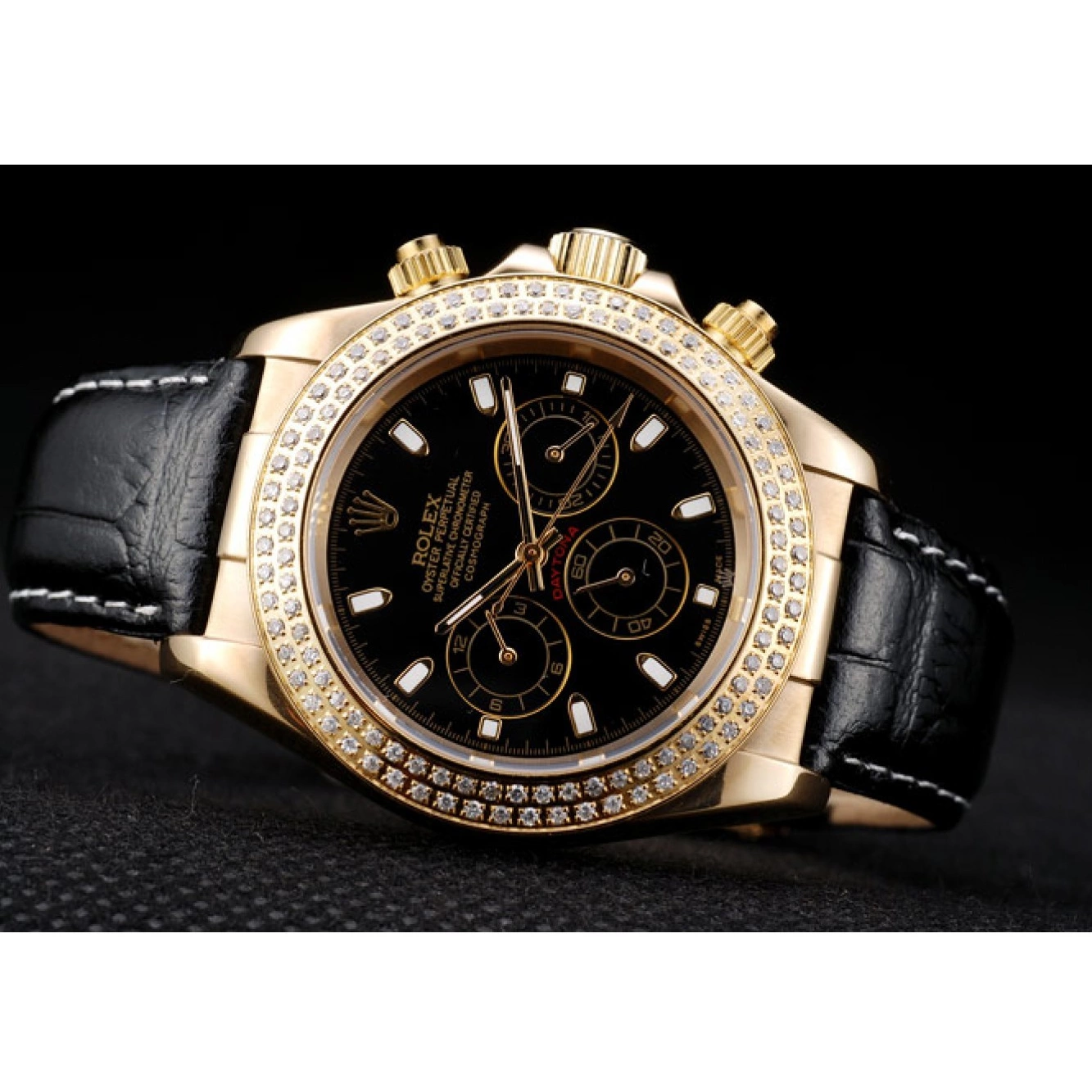 MiroTime 0819 Rolex Daytona Gold Case Crystal Studded Bezel Black Dial